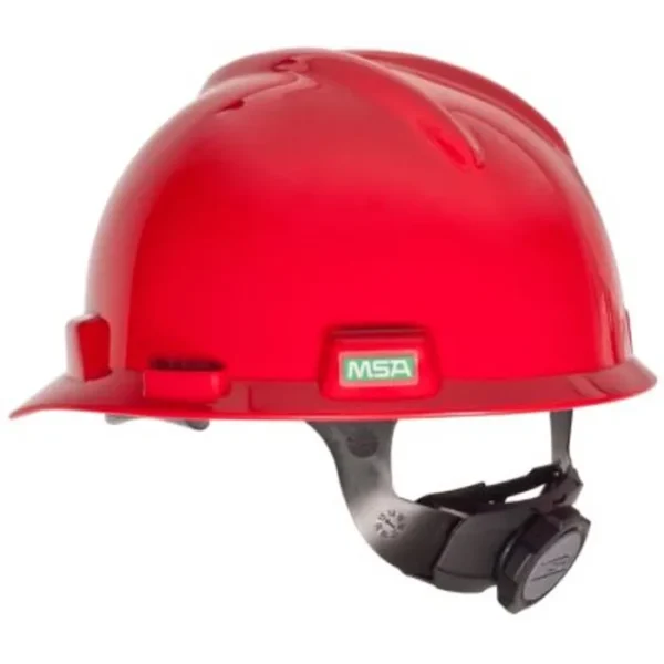 MSA V-Gard® Safety Helmet, Hard Hat Cap Style, Polyethylene, 4 Point Ratchet/Ratchet Suspension, Red